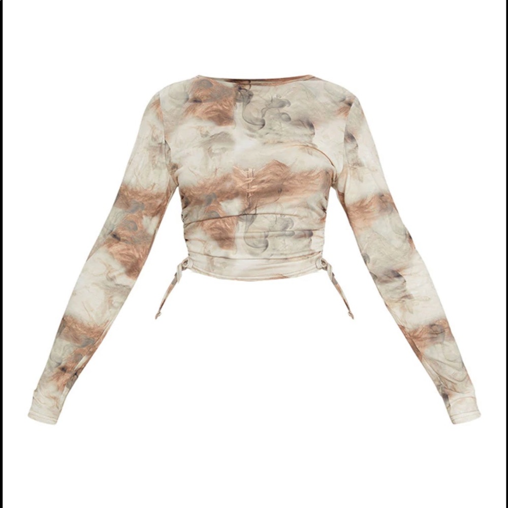 Beige Jersey Tie Ruched Side Long Sleeve Crop Top